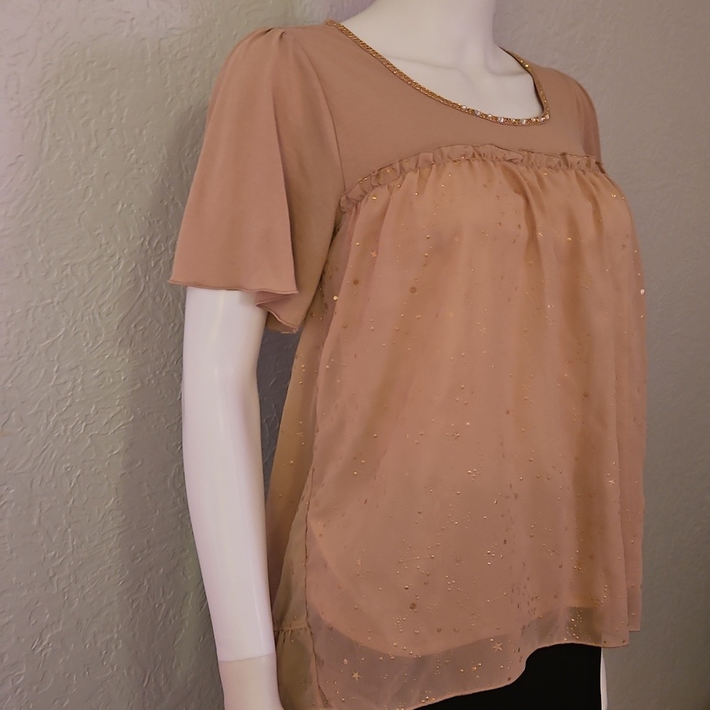 AXES FEMME Tan Metallic Stars Ruffle Tie Back Top - Picture 7 of 10